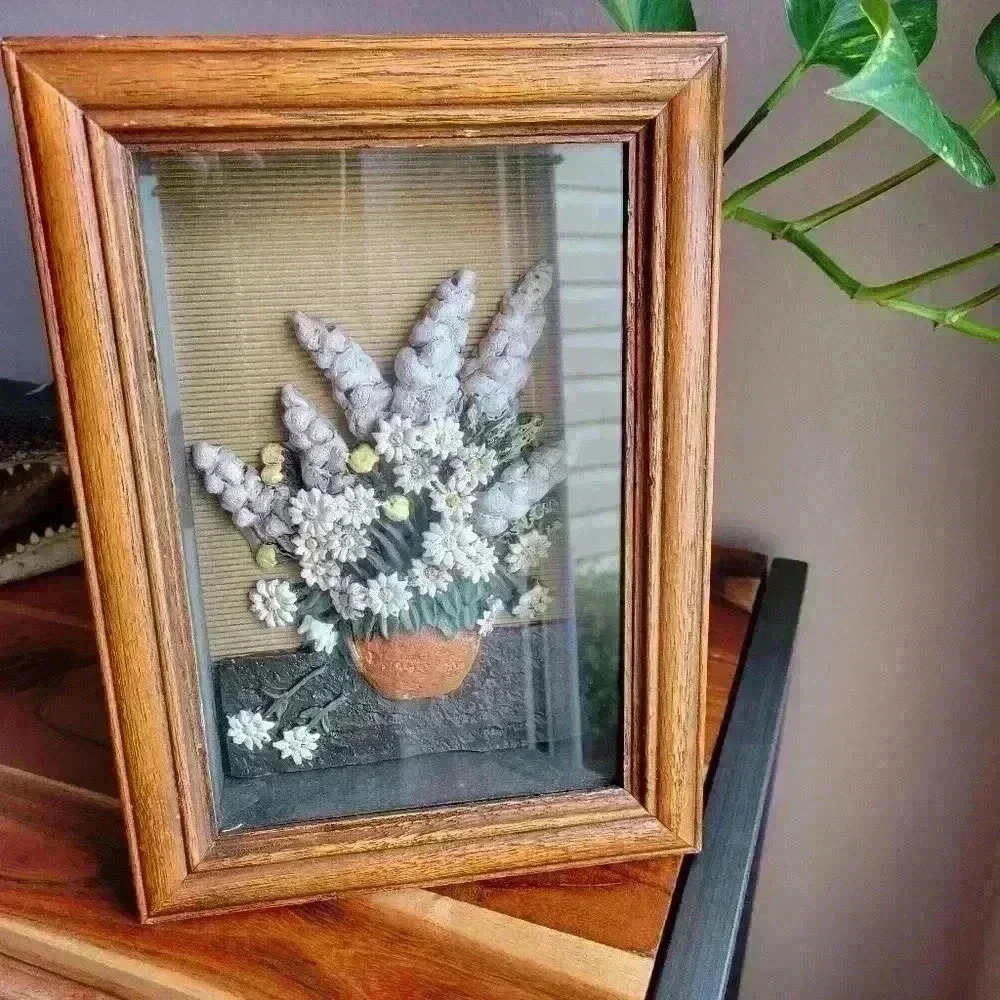 Gorgeous Antique 1960's Ceramic 3D Flowers Collage Shadowbox Wood Frame
